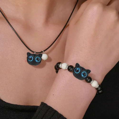 2 Pcs Cute Black and White Cat Necklace Set 